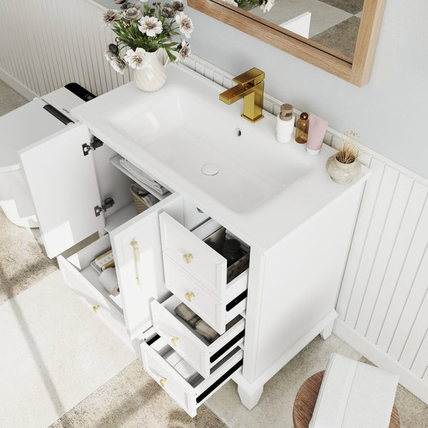 English Elm 35.6" Freestanding Bathroom Vanity with Roman Column Base and Ceramic Integrated Sink White W1801S00003