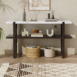 Trexm Retro Console Table with Marble-Effect Top & Storage, Espresso