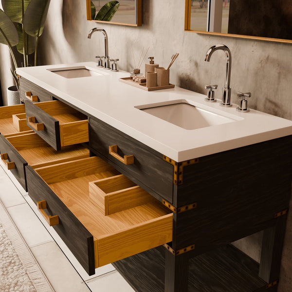 English Elm Black Oak Double Bath Vanity With White Quartz Top & Chrome Faucet Set – Stylish Storage Solution! B2731P261055