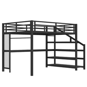 English Elm Twin Xl Metal Loft Bed with Stair Storage Shelves Sturdy Steel Frame for Dorms W1580S00434