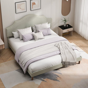 English Elm King Upholstered Platform Bed Frame King Size Linen Fabric Padded Headboard Adjustable 32.87"-37" Beige Modern Sturdy 1000lb Capacity W1716P280530