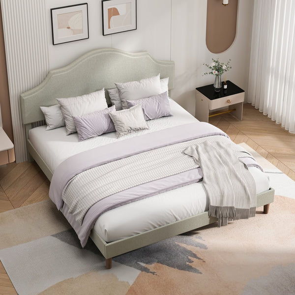 English Elm King Upholstered Platform Bed Frame King Size Linen Fabric Padded Headboard Adjustable 32.87"-37" Beige Modern Sturdy 1000lb Capacity W1716P280530