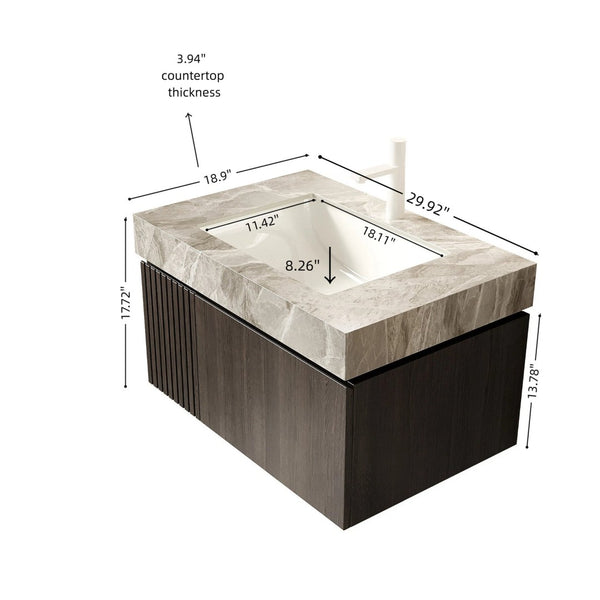 English Elm Muri Floating Bathroom Vanity Plywood Cabinet Sintered Stone Top Oak Drawer W2615S00589