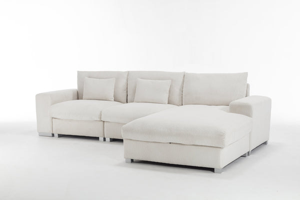 English Elm Nordic-style L-shaped flannel sofa with solid wood frame, ergonomic comfort and durable stain-resistant fabric for modern minimalist living room gatherings White W2795S00030