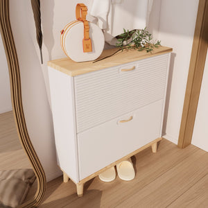 English Elm Shoes Storage Cabinet Slim Flip Door Entryway Organizer with Natural Wood Legs 16 Pairs W3166P268388