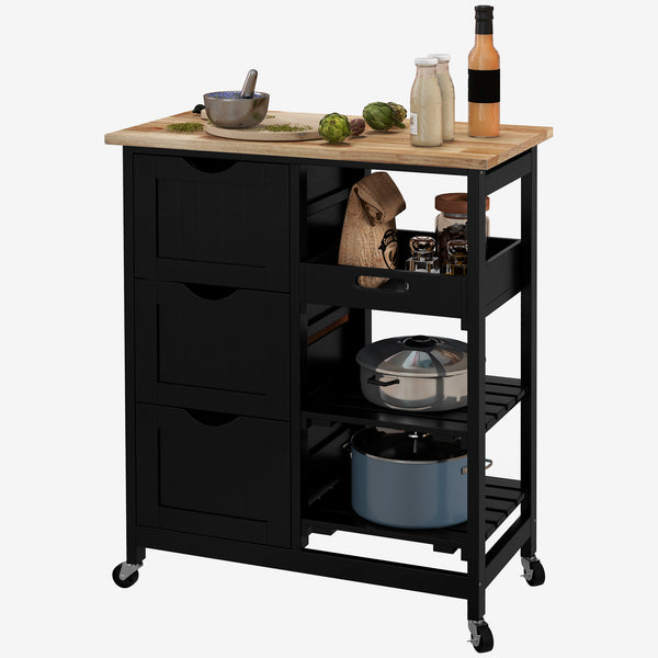 English Elm HOMCOM Rolling Kitchen Island Cart with Butcher Block Top, 3 Drawers, Shelves & 360° Wheels (Black) W2225P217389