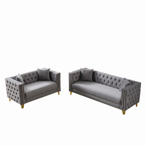 English Elm Chesterfield Velvet Sofa Set – Luxurious 3+2 Seater, Deep Seat Design With Nailhead Trim For Comfort W3373S00031