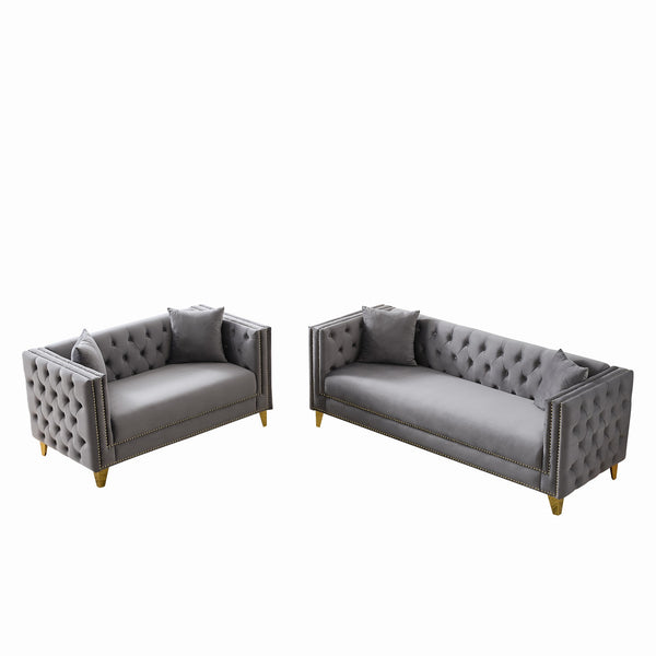 English Elm Chesterfield Velvet Sofa Set – Luxurious 3+2 Seater, Deep Seat Design With Nailhead Trim For Comfort W3373S00031