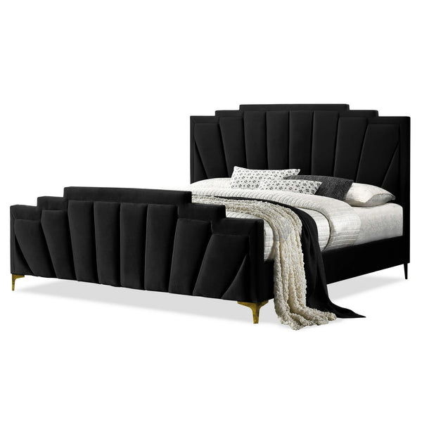 English Elm Glam Plush Flannelette Queen Bed with Shell Tufting and Padded Headboard on Metal Legs for Style Black,Gold 84 L x 15 W x 7 H B2741S00331