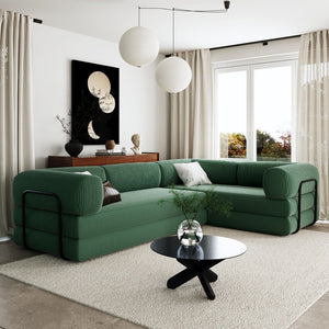 English Elm U_style Modular Corduroy Sectional Sofa Converts to Guest Bed for Apartment Living Green WY000463AAC
