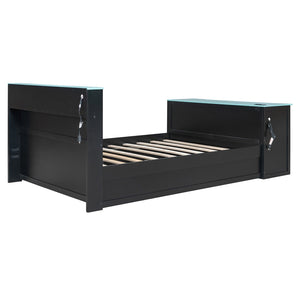 English Elm Full Size Wood Platform Daybed with Trundle Desk Rgb Led Lighting Gaming Bedroom Black+Blue LT000284AAC