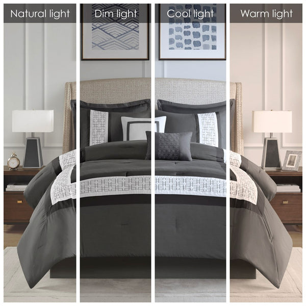 English Elm 8 Piece Embroidered Comforter Set In Dark Grey - Hotel-Inspired, Hypoallergenic & Easy Care Bedding B035P266660