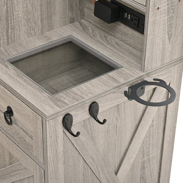 English Elm Farmhouse LED Vanity Desk with Sliding Mirror, Glass Top Storage, Built-In Charging Station & Stool Gray 37 L x 18.5 W x 13 H N733P340562G