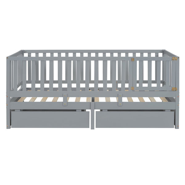 English Elm Twin Pinewood Daybed with Fence Guardrails Two Storage Drawers and Split Floor Bed Gray LP200881AAE