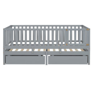 English Elm Twin Pinewood Daybed with Fence Guardrails Splits Into Two Floor Beds Storage Gray LP100881AAE