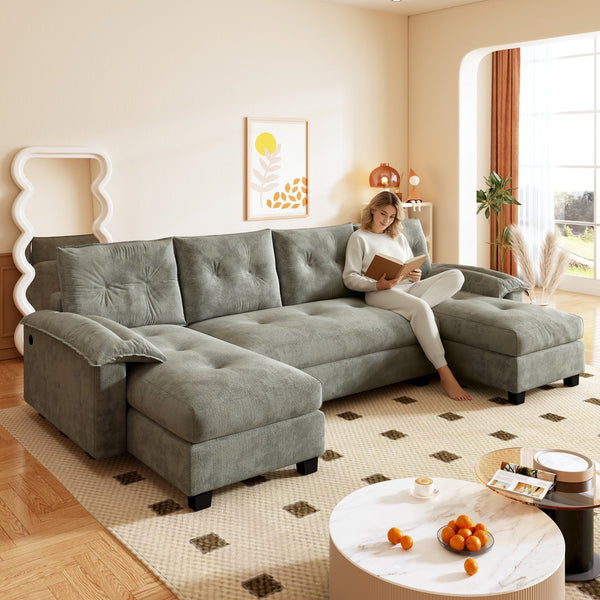 English Elm 104.7" U-Shaped Sleeper Sofa with Pull-Out Bed, Convertible Modular Sectional with Chaise, USB Ports, Chenille Upholstery LIGHT GREY W1885S00212