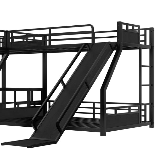 English Elm L-Shaped Metal Bunk Bed With Twin Xl Loft, Queen Bed, Desk, Shelves & Slide - Space-Saving Design! W1580S00279