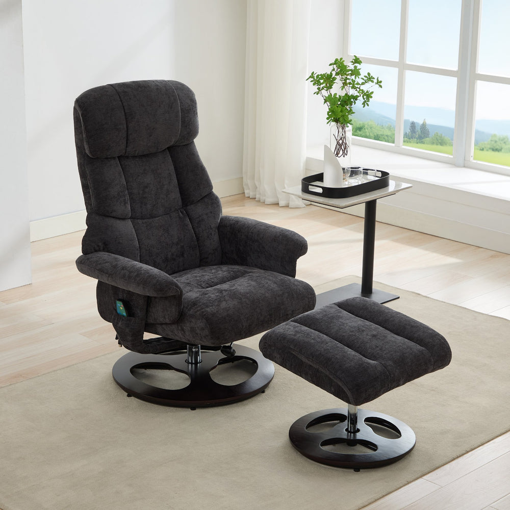 English Elm 010-Recliner Modern Dark Grey Chenille Swivel Lounge with Ottoman, Heated Seat, 5-Point Vibe Massage, 140° Recline, 250lb Capacity W2636P358627