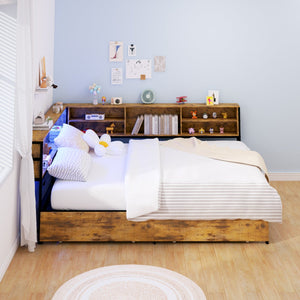 English Elm Corner Full Daybed Frame With Storage Drawers, Led Light & Charging Station For Kids’ Rooms W3107P334244