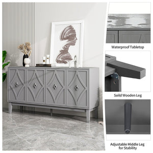 English Elm 4 Door Sideboard Buffet with Hand Carved Geometric Panels Black Oak Finish Raised Legs W688P359831