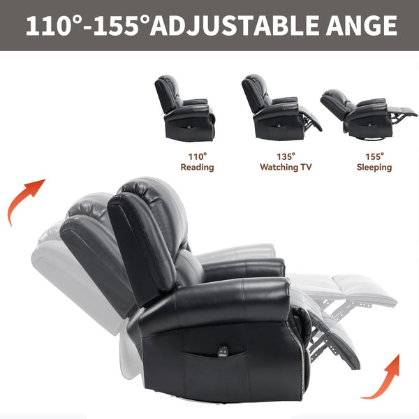 English Elm Heat Massage Rocker Swivel Recliner Chair with Lumbar Relief Nodes for Living Room Black W3224S00032