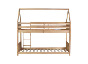 English Elm Twin House Floor Bunk Bed – Charming Rubberwood Design With Safety Guardrails, Ladder & White Oak Finish W504P227973-GIGA