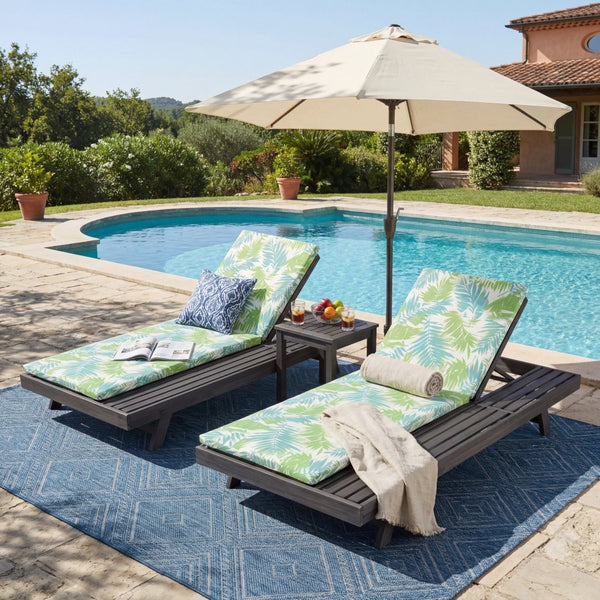 English Elm Lounge Chaise Outdoor Acacia Wood Slatted Frame with Water Resistant Cushion Resort Style Black,Green Leaf N770P442B18L