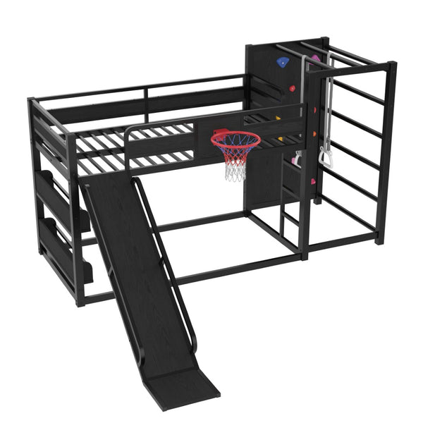 English Elm Twin Metal Loft Bed with Slide Basketball Hoop Climbing Wall and Built-in Shelves Black W1580S00342