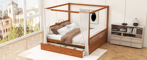 English Elm Wooden Canopy Queen Bed Solid Frame with Built-in Storage Drawers Slatted Base Walnut N7090005036L