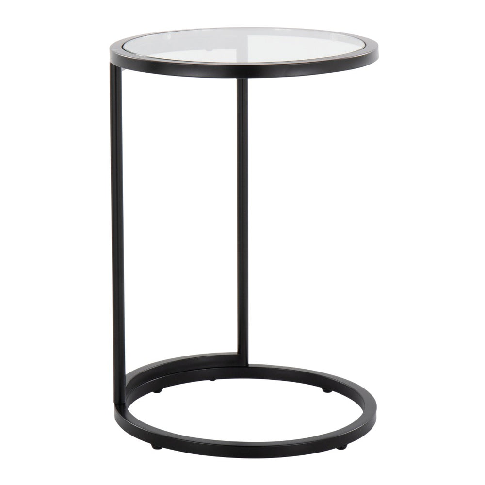 English Elm Round Zenn End Table In Black Metal & Clear Glass - Stylish C-Shaped Accent For Small Spaces B202P223395-GIGA