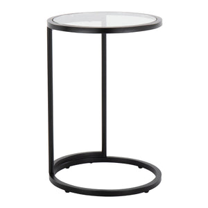 English Elm Round Zenn End Table In Black Metal & Clear Glass - Stylish C-Shaped Accent For Small Spaces B202P223395-GIGA