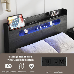 English Elm Bed Frame Queen Size - Modern Wood Platform Bed With Led Headboard, Usb Ports & Under-Bed Storage W636P277309