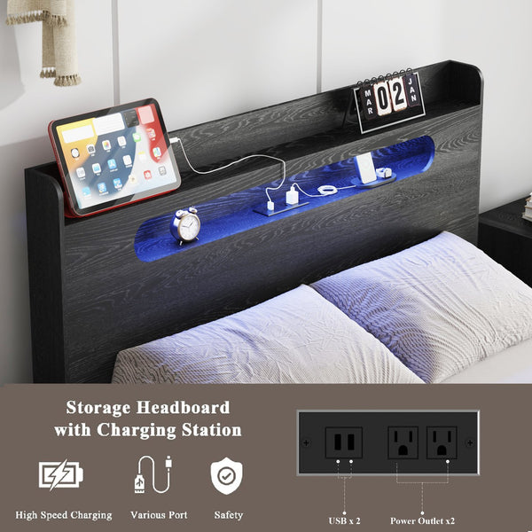 English Elm Bed Frame Queen Size - Modern Wood Platform Bed With Led Headboard, Usb Ports & Under-Bed Storage W636P277309