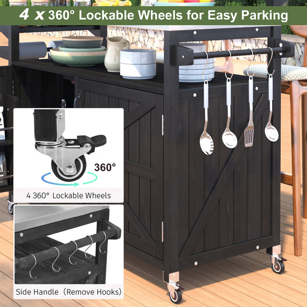 English Elm K&K 53.3" Outdoor Kitchen Island with 1.2" Stainless Top, Spacious Storage, Raised Shelf, Wheels Black N707P250628B