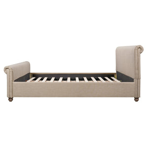English Elm King Upholstered Bed Linen Fabric Rolled Headboard Rubberwood Legs Primary Bedroom Sand N757K384825S