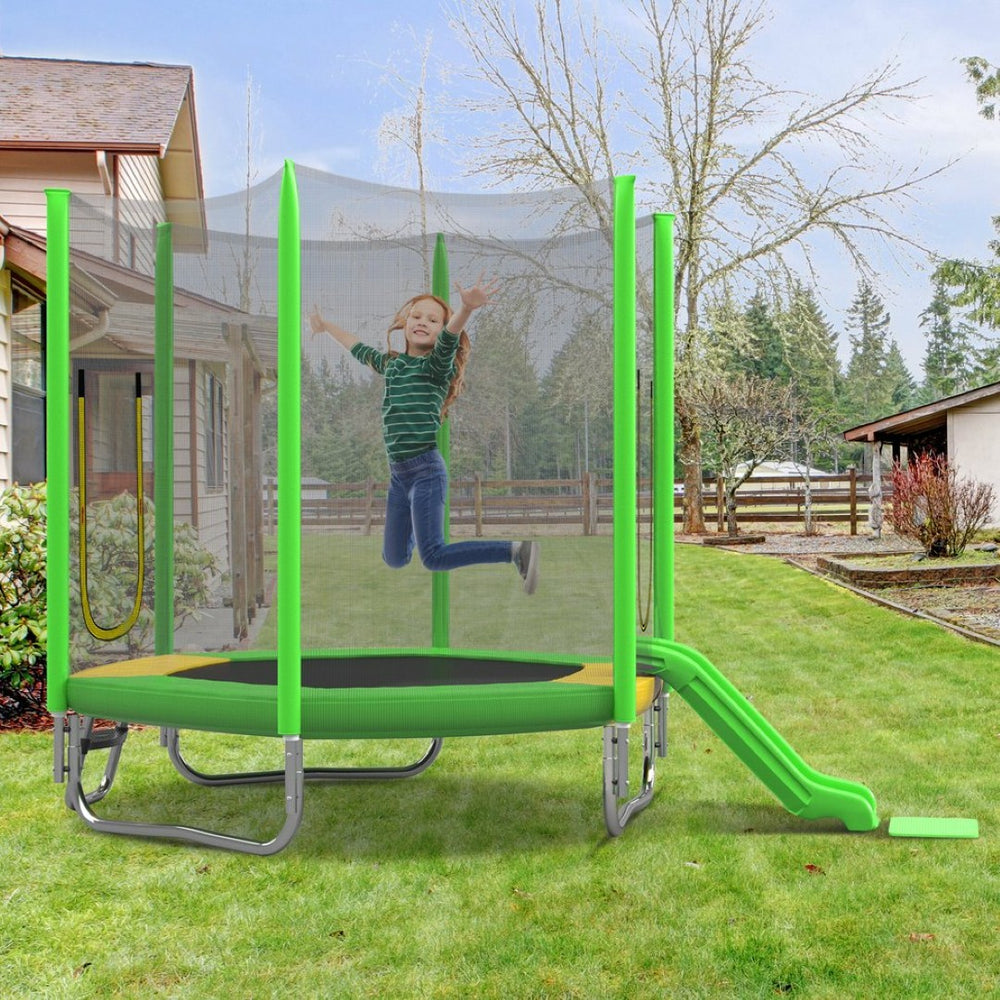 English Elm 7ft Hexagonal Kids Outdoor Trampoline with Slide Ladder and Safety Enclosure Net K821P382822F