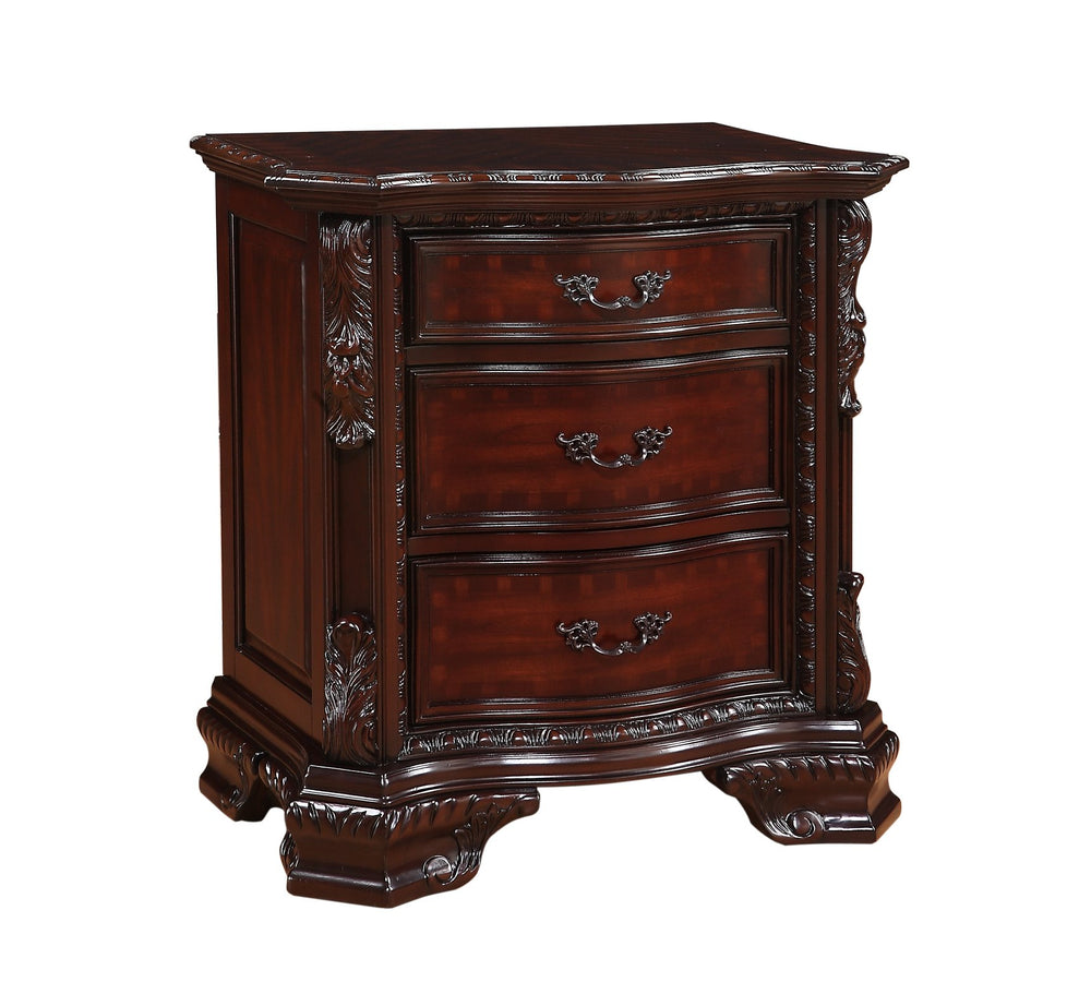English Elm 1pc Three Drawers Nightstand Dark Cherry Finish Solid Wood Nightstand with Antique Brass Handles, Curved Silhouette, 30" x 18" x 29.5" B2741P366081