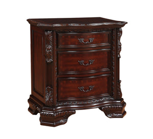 English Elm 1pc Three Drawers Nightstand Dark Cherry Finish Solid Wood Nightstand with Antique Brass Handles, Curved Silhouette, 30" x 18" x 29.5" B2741P366081