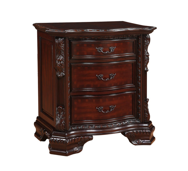 English Elm 1pc Three Drawers Nightstand Dark Cherry Finish Solid Wood Nightstand with Antique Brass Handles, Curved Silhouette, 30" x 18" x 29.5" B2741P366081