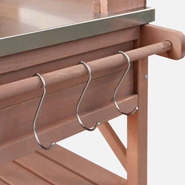 English Elm K&K 64.9" Outdoor Potting Bench with 1.2" Stainless Steel Top, Lockable Wheels, Hutch & Drawers Brown N707P228274Z