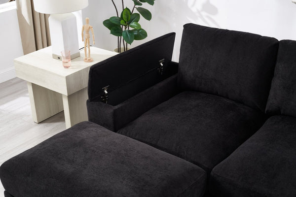 English Elm 122"l Corduroy Sectional with Dual Ottomans Modular U-shape Sofa for Modern Living Black W1669S00045