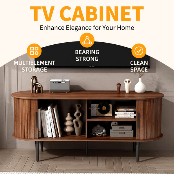 English Elm Tv Stand, 47" Mid-Century Modern Console With Sliding Door & Ample Storage For Home & Office Use W2641P329199-GIGA