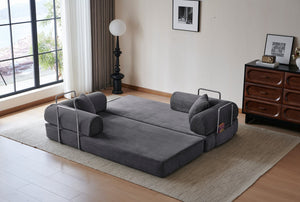 English Elm 78.8" Corduroy Modular Floor Sofa Convertible Sleeper Futon with Pillow Back Support Gray W5617P456004