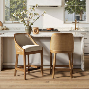 English Elm Jennifer Taylor Home - Charleston 27" Oak Counter Stool with Cane Back & Performance Fabric, Taupe Beige, Durable Comfort B2719P372713