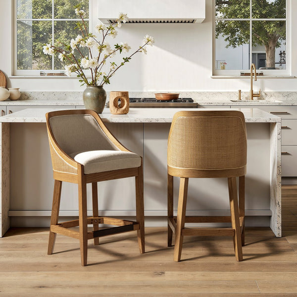 English Elm Jennifer Taylor Home - Charleston 27" Oak Counter Stool with Cane Back & Performance Fabric, Taupe Beige, Durable Comfort B2719P372713