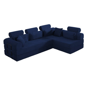 English Elm L Shaped Corduroy Sectional Sofa Converts to Sleeper Bed Space Saving Modular Couch Blue W5532S00008