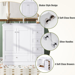English Elm 36 Inch Shaker Style Free-Standing Bathroom Vanity Cabinet with Resin Sink, Soft-Close Storage Elegance White SV000021AAK