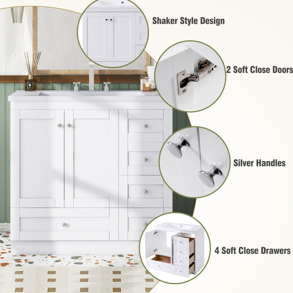 English Elm 36 Inch Shaker Style Free-Standing Bathroom Vanity Cabinet with Resin Sink, Soft-Close Storage Elegance White SV000021AAK
