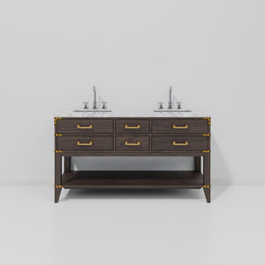 English Elm Brown Oak Double Bath Vanity With Carrara Marble Top & Chrome Faucet Set – Stylish Storage Solution B2731P260255