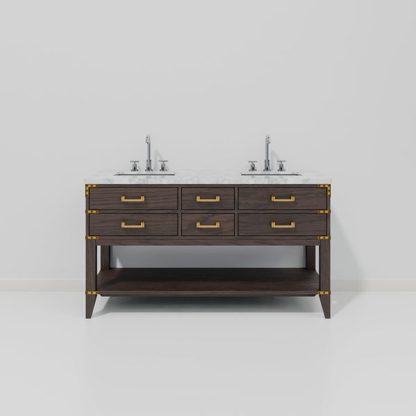English Elm Brown Oak Double Bath Vanity With Carrara Marble Top & Chrome Faucet Set – Stylish Storage Solution B2731P260255